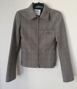 $1700 Courréges Prince of Wales Check Wool-Blend Jacket Brown Plaid XS 34